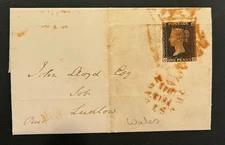 QV GB SG3 1d Penny Black Cover OG Plate 6 Presteign Maltese Cross Ludlow Wales