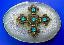 Iron Cross Blue Rhinestone On Polished Geode Stone Slab Artisan Belt Buckle