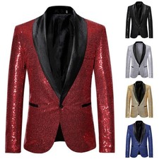 Mens Sequin Blazer Show Jacket Party Nightclub Emcee Host DJ Suit Coat