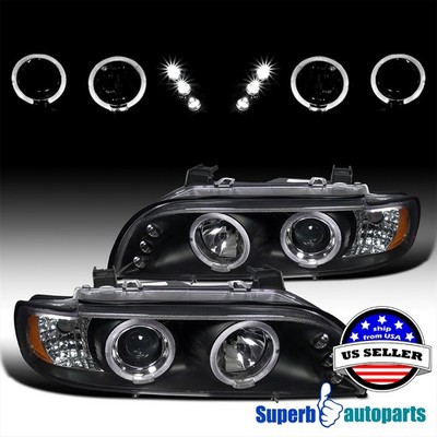 Fits 1996-2003 BMW E39 528i 540i Black Dual Halo Projector Headlight LED Bar