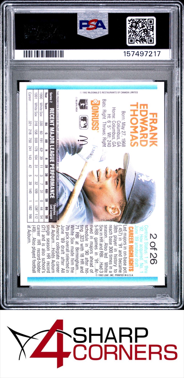 1992 DONRUSS McDONALD'S #2 FRANK THOMAS WHITE SOX HOF PSA 10 view 2