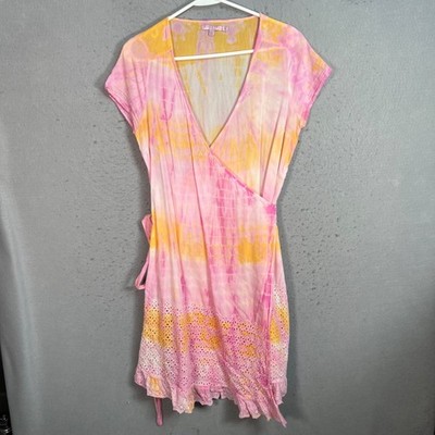 Calypso St. Barth Womens Small Pink & Yellow Tie-Dye Wrap Dress With Eyelet Hem