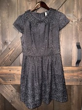 Kensie Dress M Black Brocade Print Embellished Beaded Collar Cap Sleeve