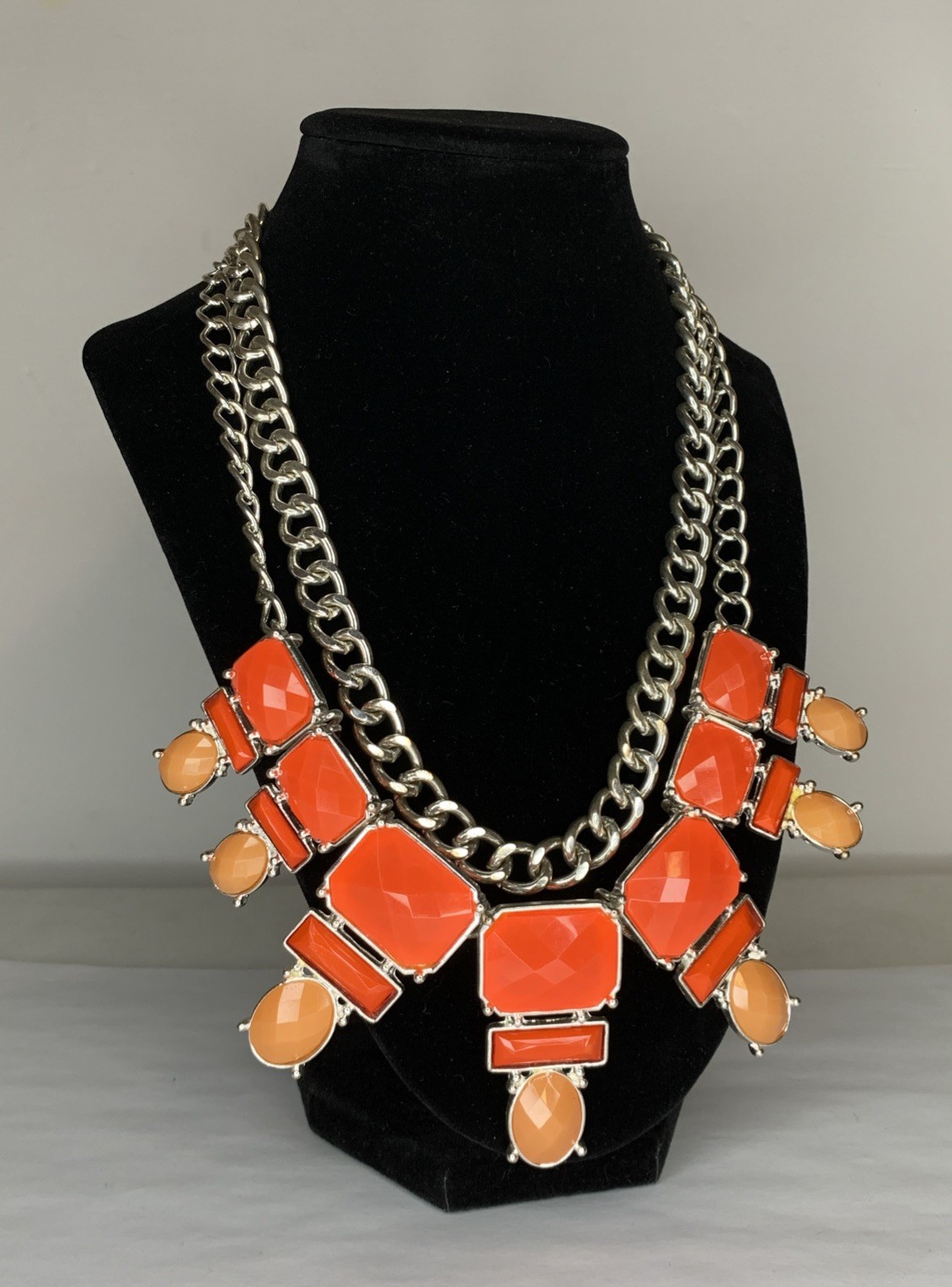 Chunky Orange Statement Necklace Silver Tone Retr… - image 1