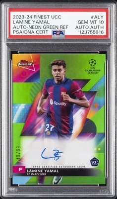 2023-24 NEON GREEN REFRACTOR #ALY LAMINE YAMAL 49/99 PSA 10 AUTO AUTHENTIC