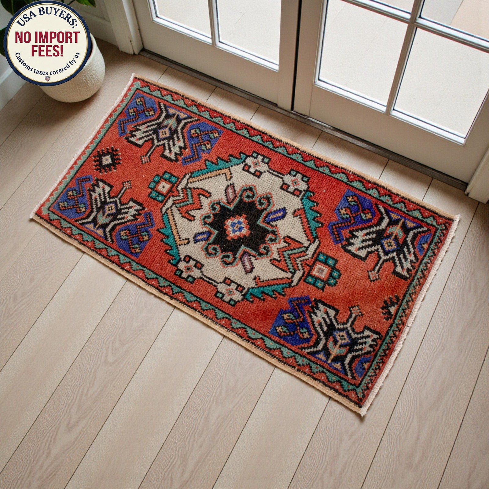 Vintage Oushak Rug Small Turkish Door Mat Hand-Knotted Wool Entryway Rug 19"x35"