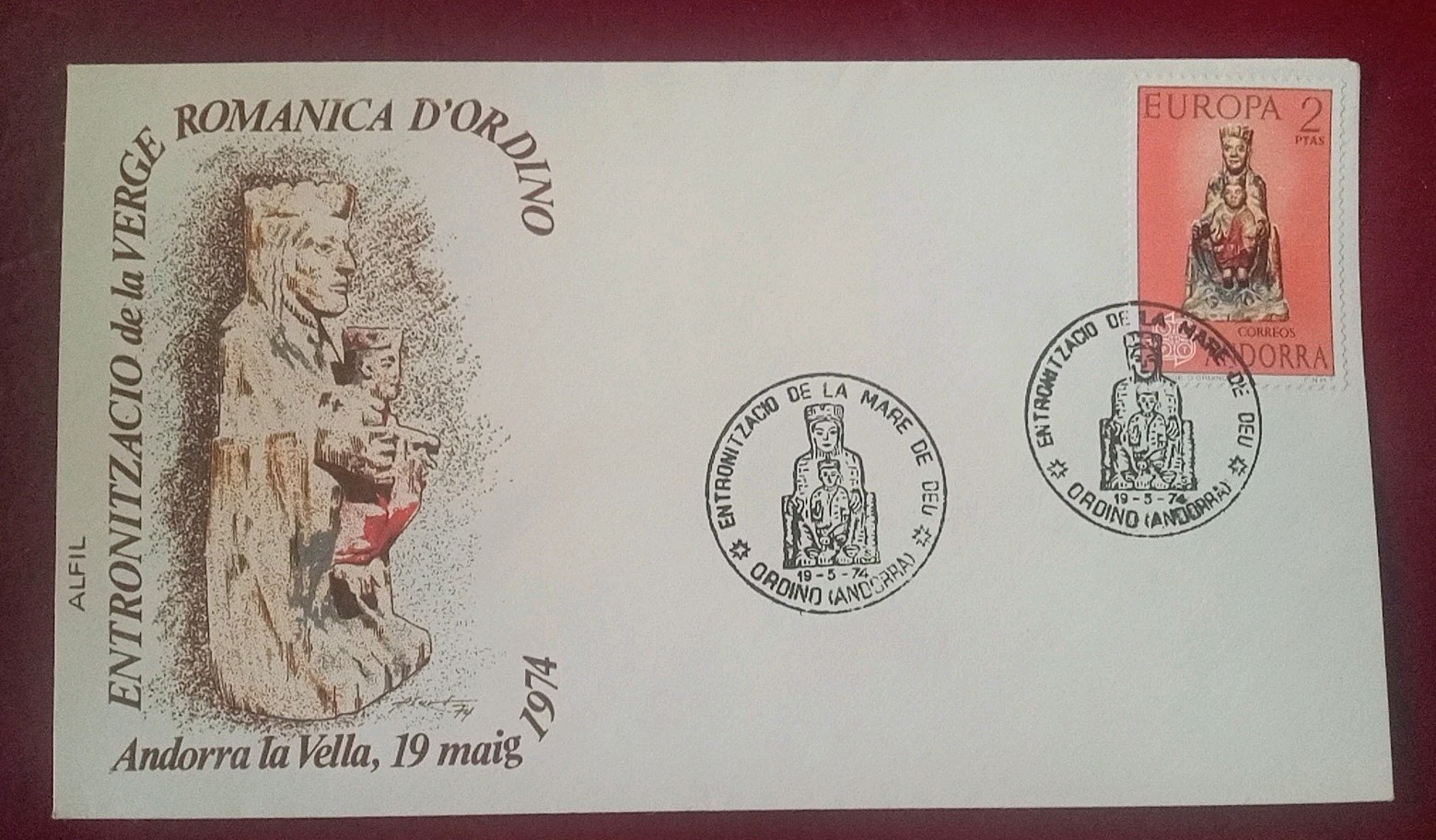 SOBRES ESPECIAL ANDORRA ESPAÑOLA 1982 ENTRONIZACIÓN DE LA VIRGEN ROMÁNICA ORDINO