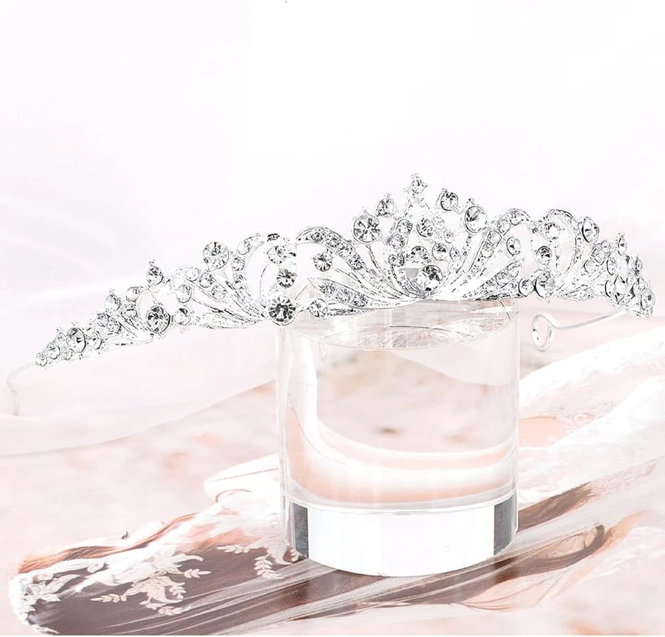 1 Corona Di Strass Argentati Da Donna, Principessa Diadem, Elegante Corona per M - Immagine 3 di 4