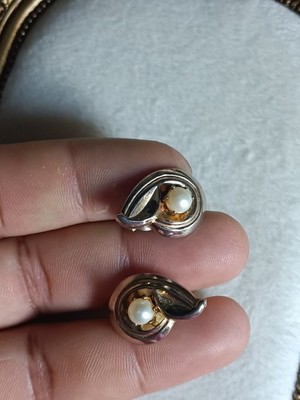 Gold & Silver Tone Swirl Clip-On Earrings White Faux Pearl Round Lobe Pair