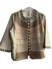 CHICO'S sz 1 Embellished Jacket Tan Beige Embroidered 3/4 Sleeve Cotton Medium 8