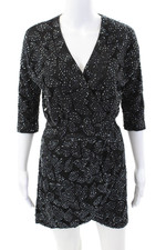 Halston Heritage Womens Beaded Long Sleeves Wrap Mini Dress Black Size 0