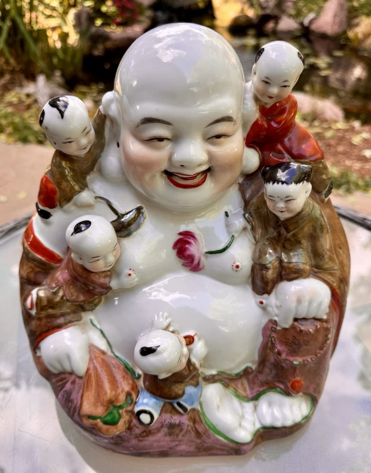 Antique Chinese Porcelain Laughing Buddha Five Children Porcelain Statue Large - Image 3 of 4