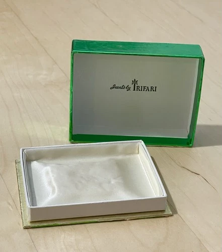 Vintage Crown Trifari Gold & Green Jewelry BOX ONLY-Ivory Satin Pouch Interior