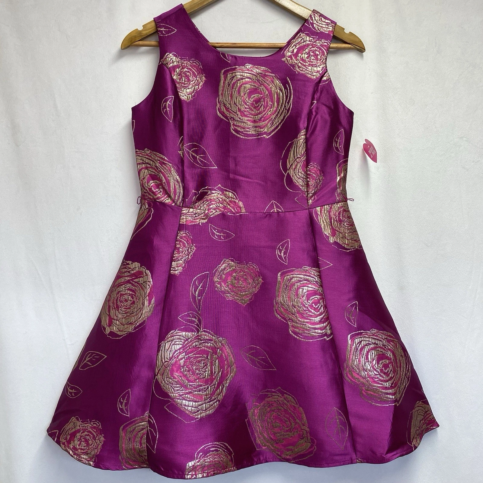Place Sleeveless Jacquard Fit & Flare Dress Girls 16 Magenta Metallic Floral New