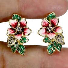 925 Sterling Silver Earrings Round Simulated Cz Gemstone Enamel Flower Jewelry