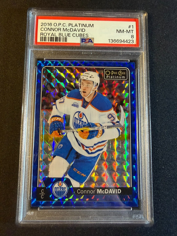 2016 O-Pee-Chee OPC Platinum Connor McDavid Blue Cubes /99 PSA 8