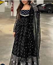 Party Wear Black Chinnon Silk Salwar Kameez With Organza Silk Dupatta For Women