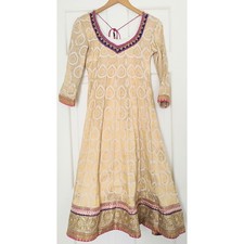 Gold Brocade Anarkali Kurta Dress Pink Purple Embellished Pom Pom Tassel Indian