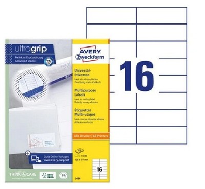 AVERY Zweckform 3484 Universaletiketten (1.600 St, 105 x 37 mm, 100 A4 Bögen)
