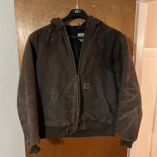 Carhartt J130 DKB Dark Brown Canvas Quilt Lined Hooded Jacket Large Worn