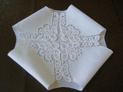 Antique tape lace cross design biscuits and bread linen cover lovely  hand made