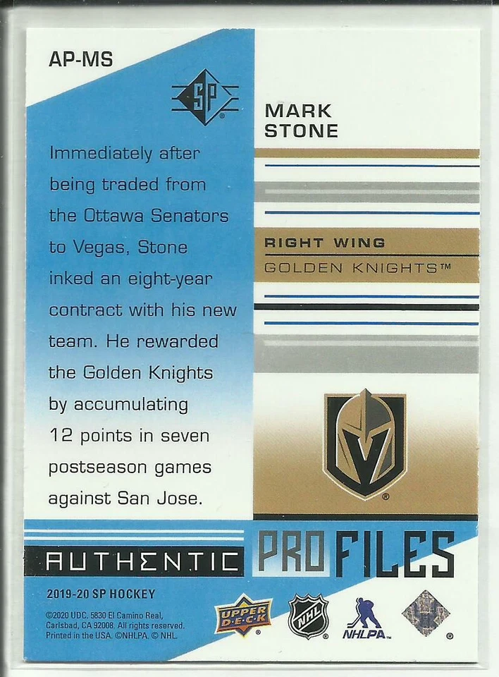 2019-20 Upper Deck SP Retail Authentic Profiles Blue #AP-MS Mark Stone - Image 2 of 2