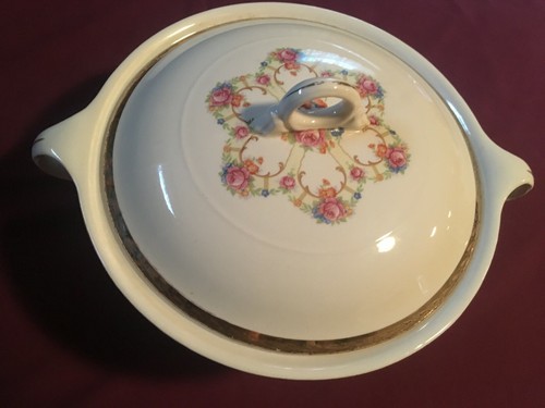 Vintage 1940s American Limoges Vegetable Serving Bowl & Lid 22K Gold Fortune - Foto 3 di 12