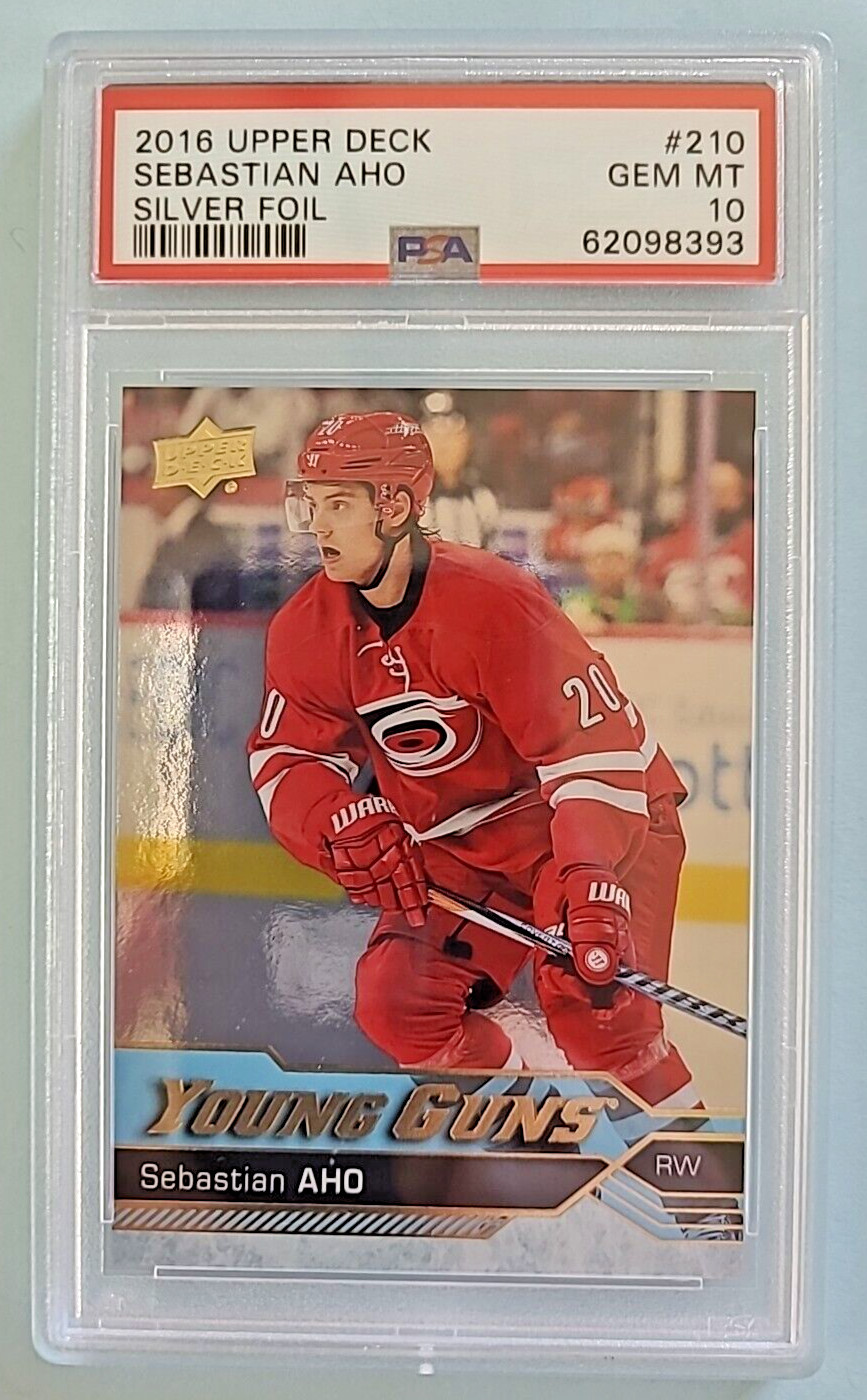 2016-17 Sebastian Aho Upper Deck Young Guns Rookie RC SILVER FOIL #210 PSA 10