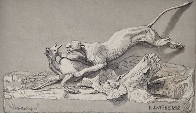19th Century Hunting Engraving Signed 'Panther And Deer' Pierre Jules MENE 1842