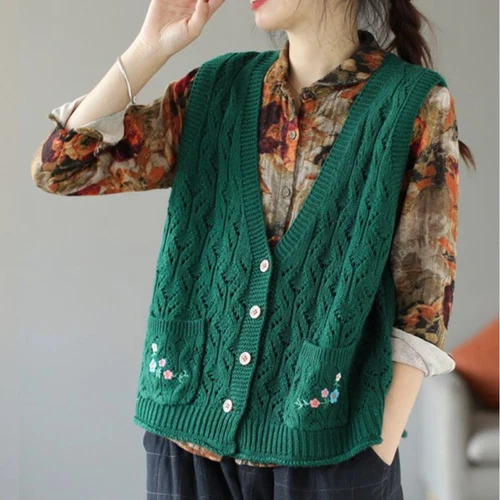 Women Knit Vest Hollow-out Tank Sleeveless Cardigan Gilet Embroidered Sweater - Picture 4 of 19