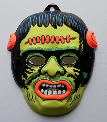 NOS Halloween Mask FRANKENSTEIN 1960's Fun World Div. Plastic Day-Glo?
