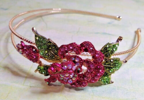 Pink Crystal Rose Flower Gold Tone Hairband Side Tiara Fascinator Prom Wedding - 第 1/5 張圖片