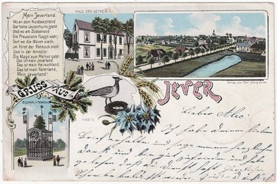 old litho postcard Jever, House of the Faithful, Bismarck monument, panorama, used 1901