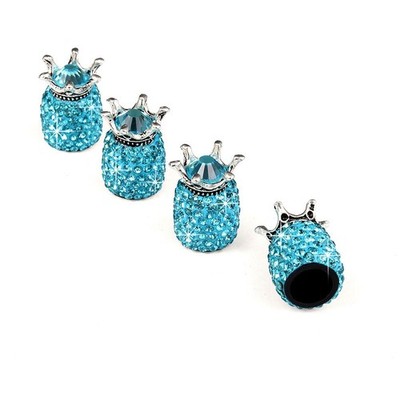 4x Aqua Blue Crystal Diamond Crown Tire Valve Stem Caps Cover Fits Universal