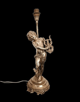 Antique French Gilt Regule Lamp Base by Auguste Moreau Lyre Player Sculpture 19C