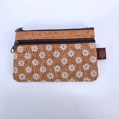 Natural Cork Daisy Floral Print Double Zip Coin Purse Pouch Wallet Brown White