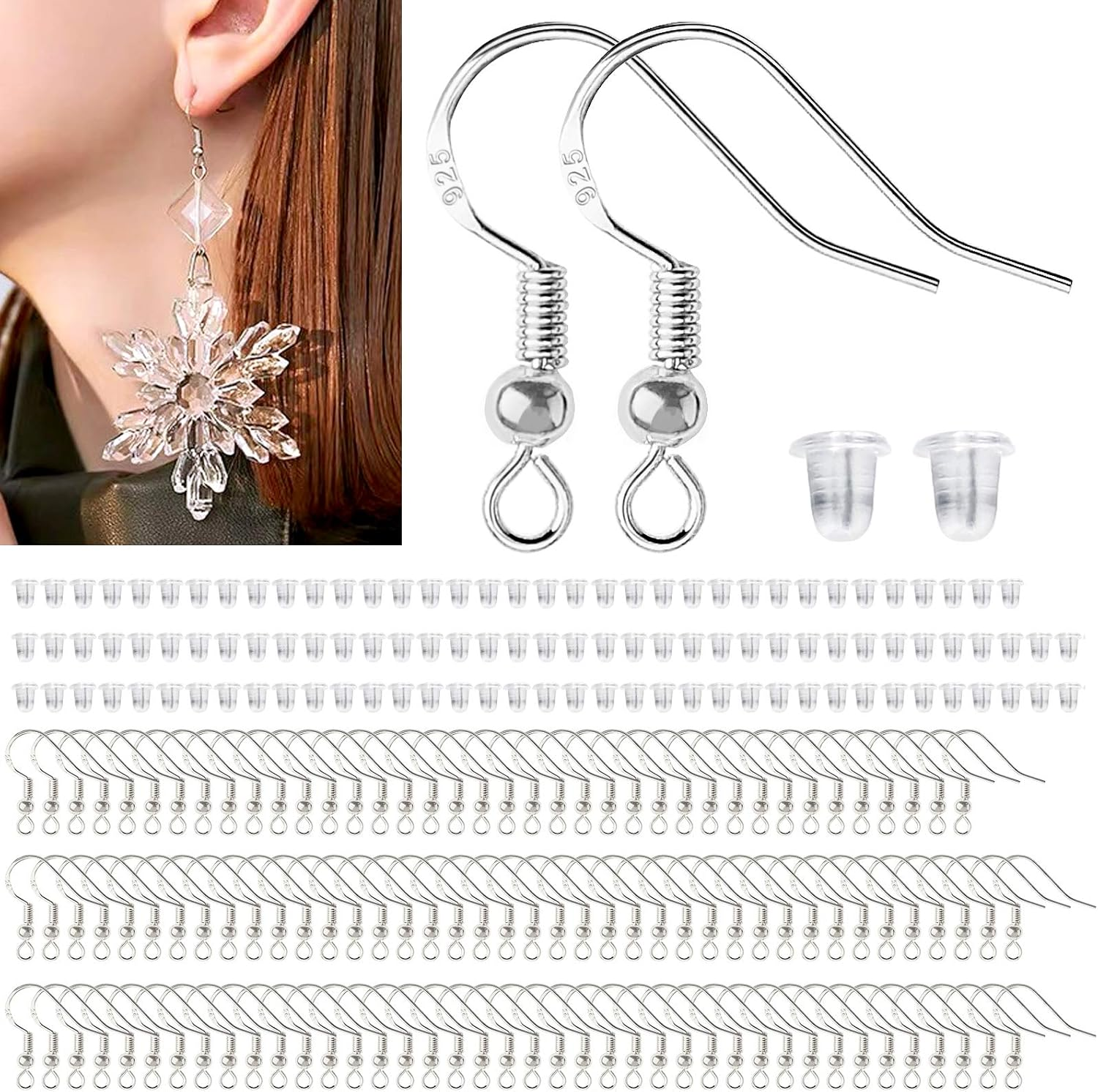 120PCS 925 Sterling Silver Earring Hooks Hypoallergenic Ear Wires w Backs DIY Se