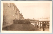 Vtg B&W Snapshot Dock Workers Wharf Pier Industrial Building Waterfront 1920s