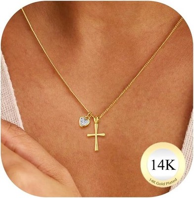 Avotto Easter Basket Stuffers -14K Gold/Silver Plated Dainty Diamond Heart Cross