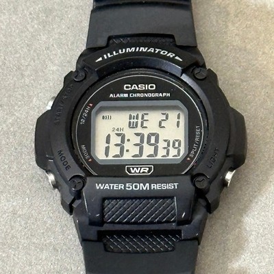 Casio Illuminator Digital Watch Black Resin W-219H 50M Water Resist Alarm Chrono