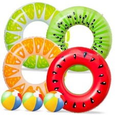 7-Pack Pool Floats: Inflatable Floaties Rings and Beach Balls, Floating Fruit