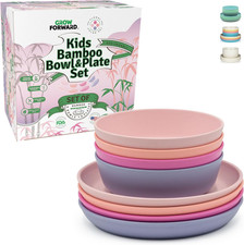 Bamboo Kids Plates and Bowls Sets - 8-Piece Dishwasher Safe Non Toxic Plates for