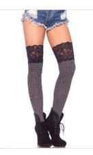 Ribbed Knit Over the Knee Slouch Socks with Wide Lace Top O/S Grey/Black