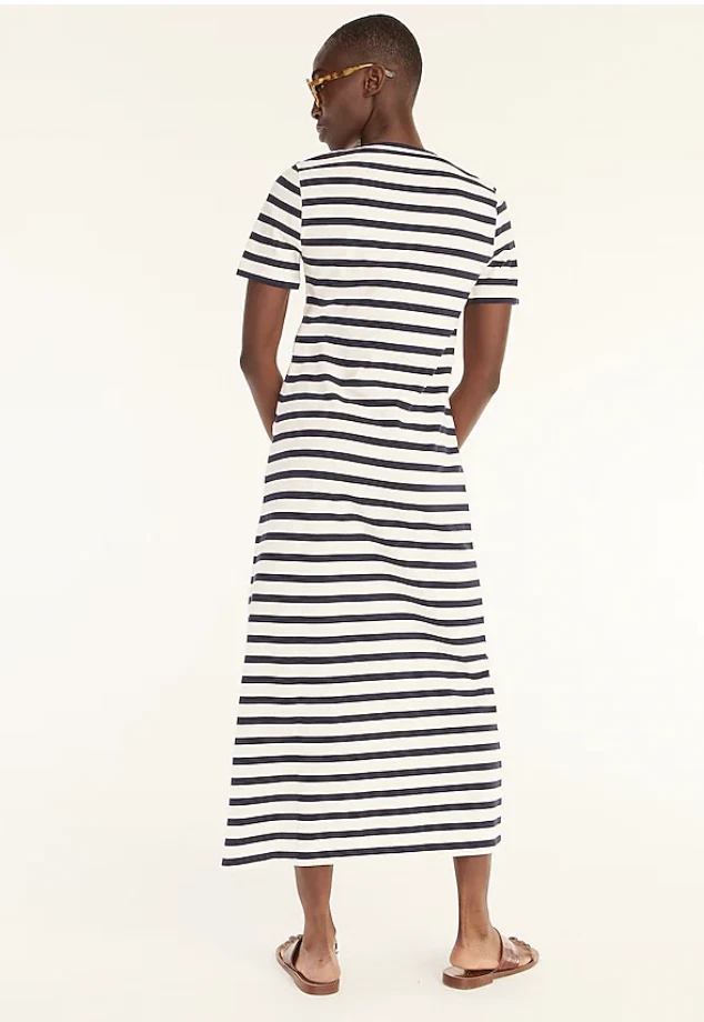 J crew navy top and white striped dress