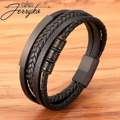 Lederarmband Für Männer – Geflochten, Mit Edelstahl-Magnetverschluss, Personalisierbar, Schwarz