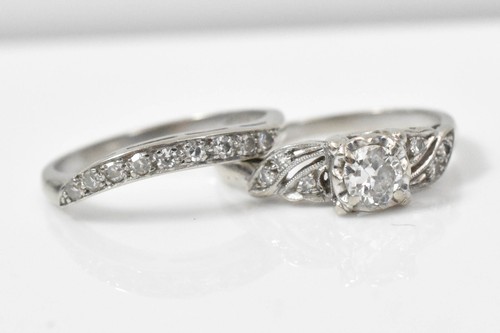 Vintage 14K White Gold 1/3cttw Natural Diamond Wedding Set 3.8G SZ 6 - Picture 4 of 8