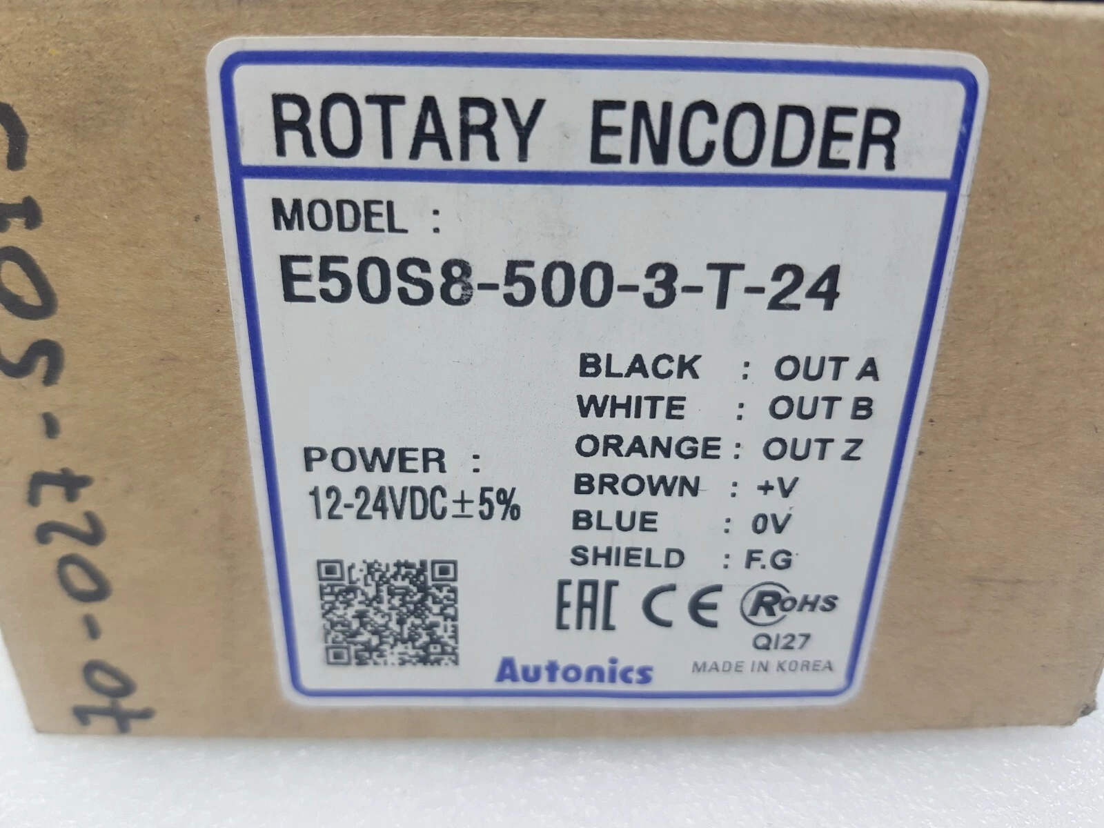 Box label: Autonics rotary encoder E50S8-500-3-T-24, 12–24 VDC, wire colours for A, B, Z outputs