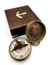 Pocket Sundial Compass Both Side Lid Handwork Brass Navigation Collectible