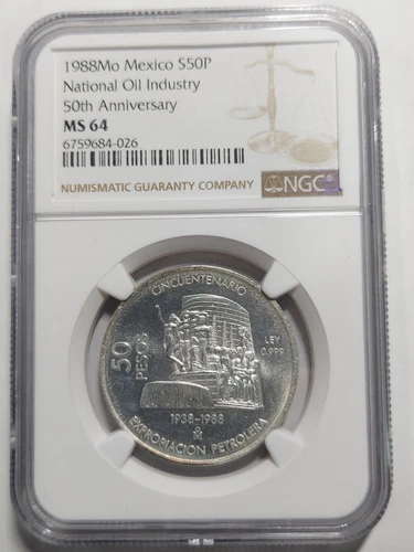 Mexico 50 Pesos Silver 50th anniv. of National Oil Industry, 1988, NGC MS 64