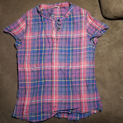 CARBON 2 COBALT PLAID SLEEVELESS SHIRT LINEN MEDIUM 